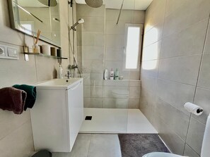 Shower, hair dryer, towels, soap