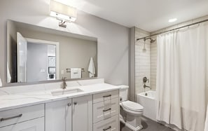 Hair dryer, towels, soap, toilet paper
