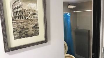 Shower, towels, soap, toilet paper