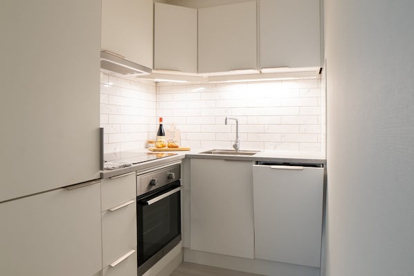 Fridge, dishwasher, cookware/dishes/utensils