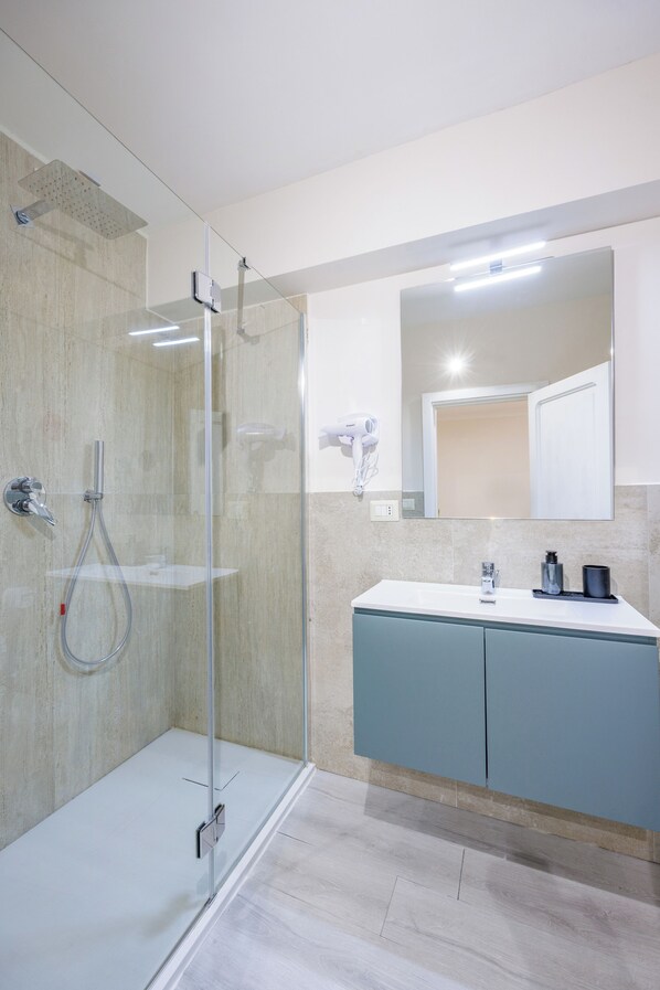 Shower, hair dryer, bidet, towels