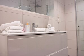 Shower, hair dryer, towels