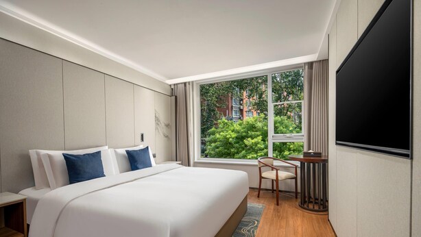 A hotel room with a large bed, a desk, and a TV.