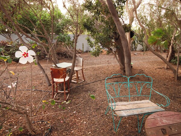 Un espace extérieur aménagé avec une table et des chaises en bois, entouré d’arbres et d’un jardin.