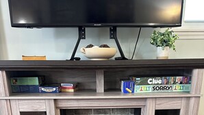 A fireplace with a TV above it, surrounded by books and a plant.