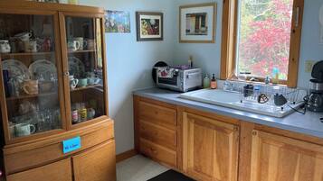 A kitchen with wooden cabinets, a built-in microwave, and a window with a view of trees.