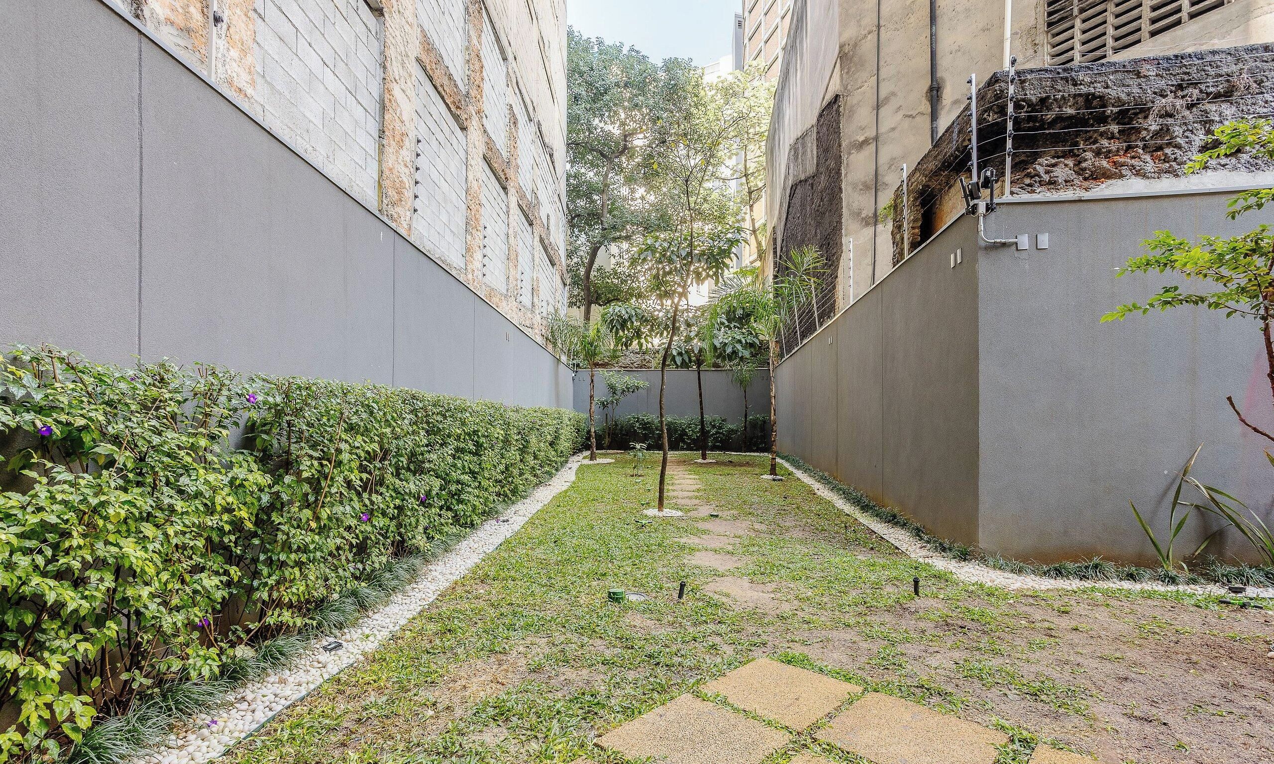 Un cortile stretto con un vialetto sterrato, fitta vegetazione e un muro in cemento.
