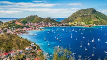 A coastal town with a marina filled with boats, surrounded by hills and clear blue waters.
