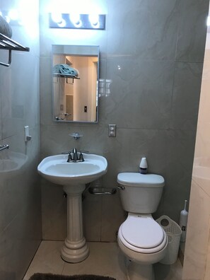 Douche, sèche-cheveux, savon, papier toilette