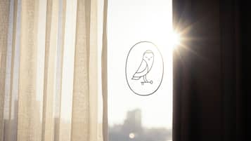 A window with sheer curtains, a sunray, and a logo of an owl.