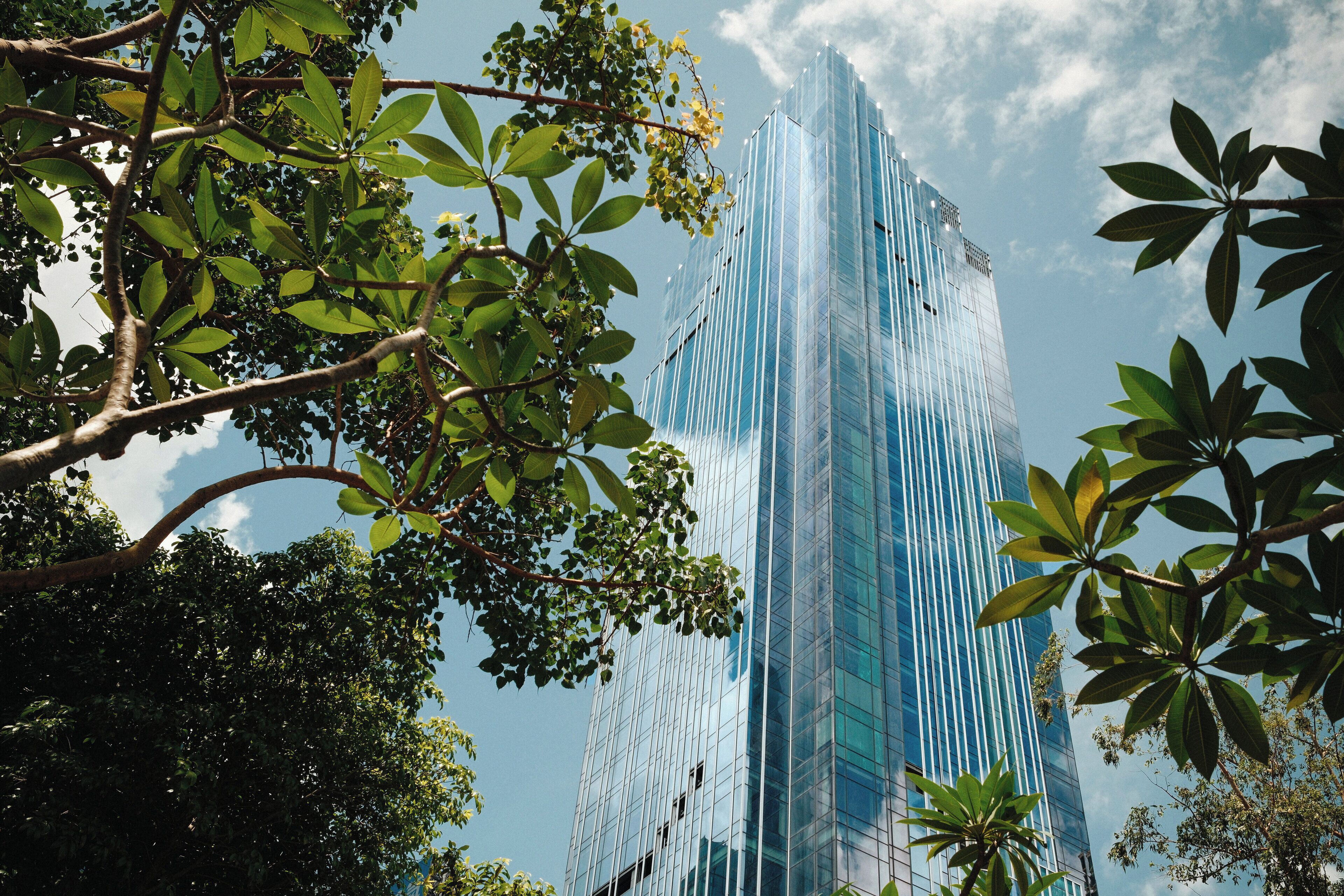 Un edificio moderno de vidrio con fachada reflectante, rodeado de exuberante follaje verde.