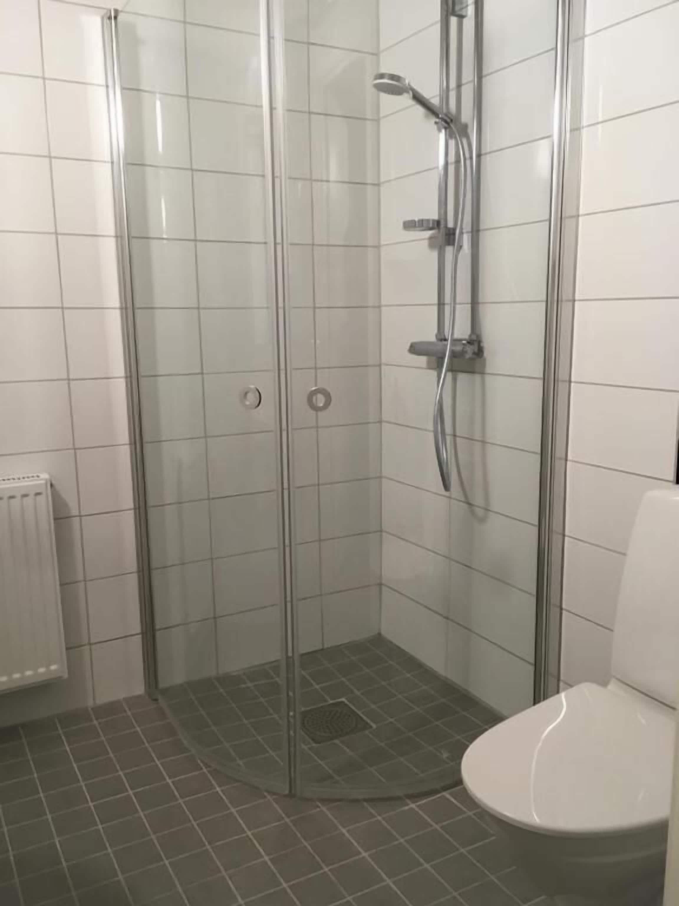 A glass-enclosed shower stall with a white toilet to the right.