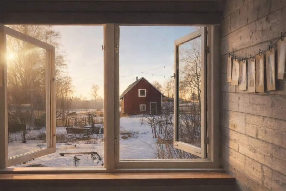 Ein Zimmer mit großem Fenster mit Blick auf eine verschneite Landschaft, einer Holzwand und einem Bett mit gefalteter Decke.