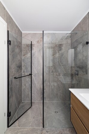 Shower, towels, soap, toilet paper
