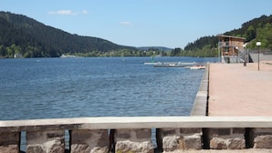 Vista al agua con un muelle, una construcción de madera y una ladera cubierta de bosque.