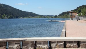 A waterfront view with a dock, a wooden building, and a forested hillside. - Lannexe By La Réserve (Gerardmer)