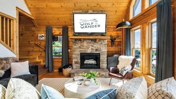 Smart TV, fireplace, books, computer monitors