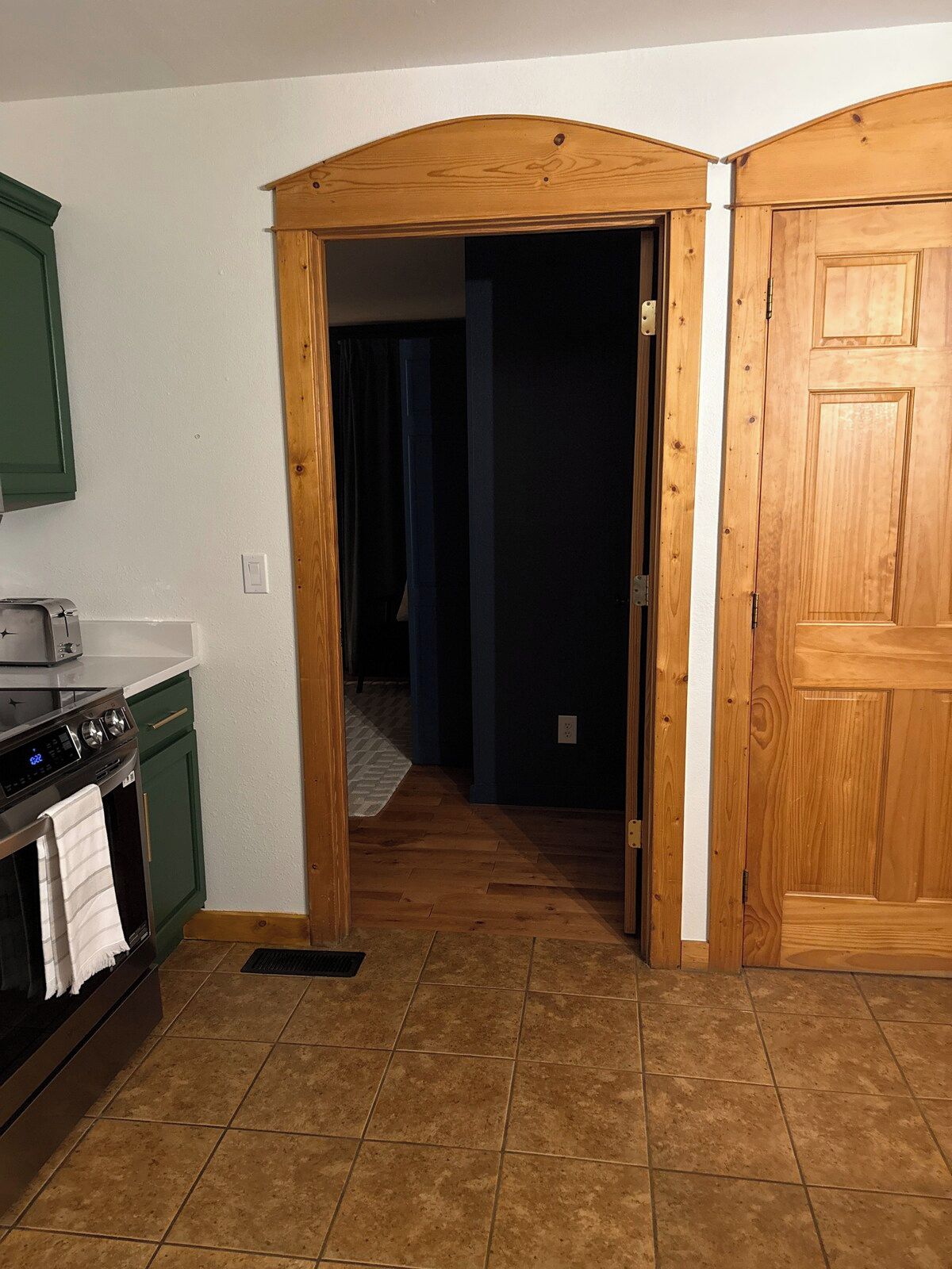 A kitchen with a stove, oven, and green cabinets.
