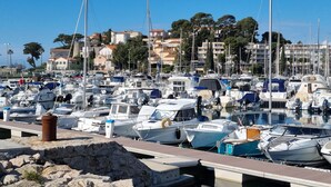 A marina with numerous boats docked, a stone wall in the foreground, and buildings in the background. - Facing the port, lovely studio on raised ground floor with large terrace, panoramic view (Bandol)