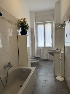 Hair dryer, bidet, towels, shampoo