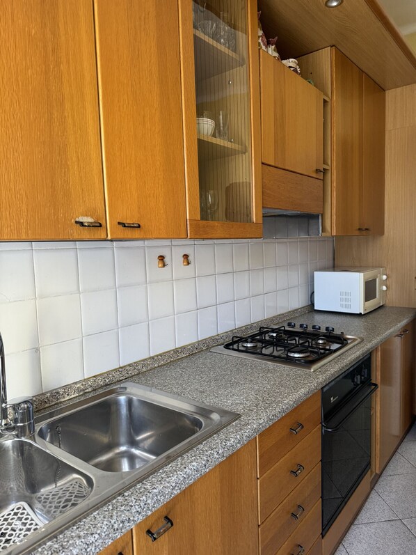 Fridge, oven, toaster, cookware/dishes/utensils