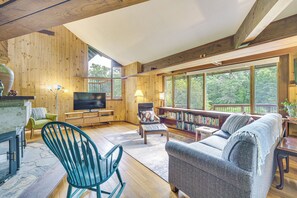 TV, fireplace, DVD player, books