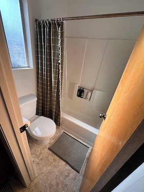 Hair dryer, towels, soap, toilet paper