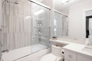 Hair dryer, towels, soap, toilet paper