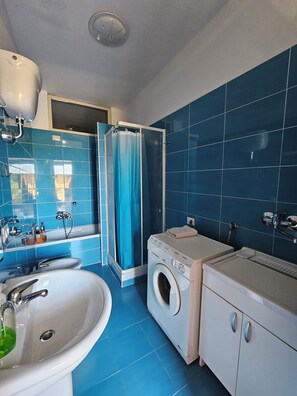 Shower, hair dryer, bidet, towels