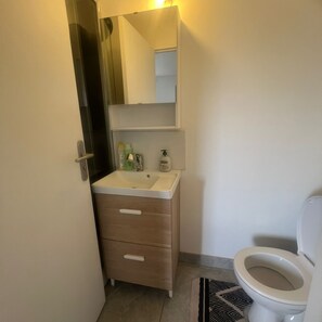Shower, towels, soap, toilet paper