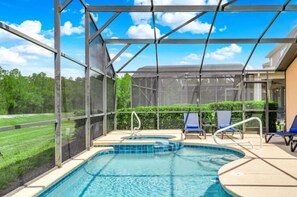 Outdoor pool, pool umbrellas, pool loungers