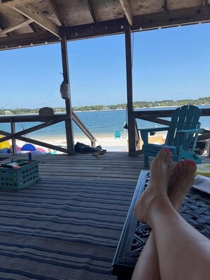 On the beach, sun-loungers, beach towels