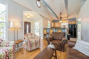 Smart TV, fireplace, books, printers
