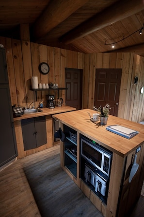 Fridge, microwave, stovetop, coffee/tea maker - Off-Grid Wilderness Cabin with Mountain Views, Hot Tub, Sauna & Canoes (Provincial Park)