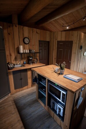 Fridge, microwave, stovetop, coffee/tea maker - Off-Grid Wilderness Cabin with Mountain Views, Hot Tub, Sauna & Canoes (Provincial Park)