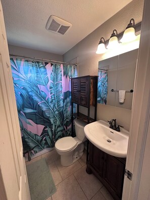 Hair dryer, towels, toilet paper
