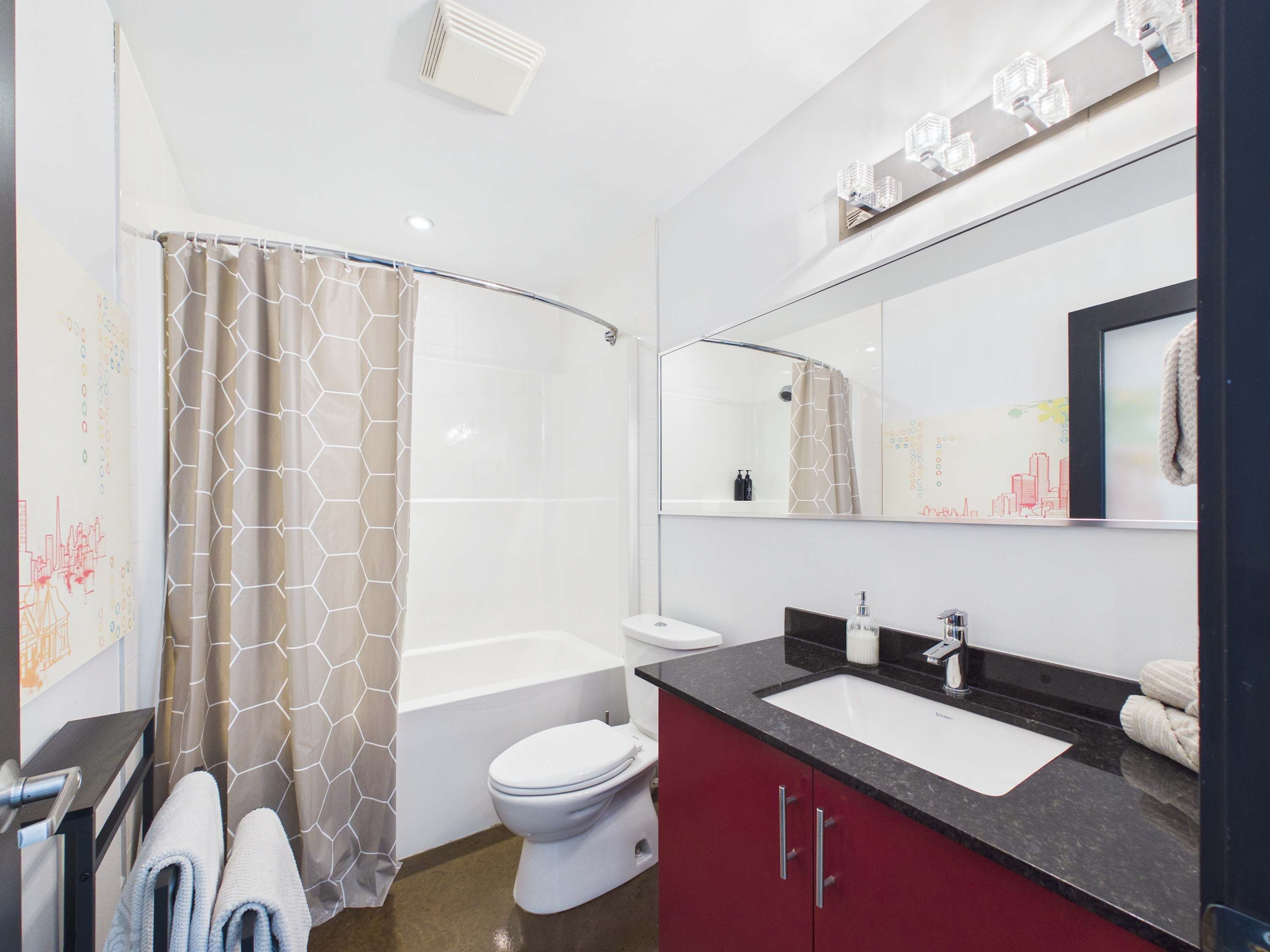 Shower, eco-friendly toiletries, hair dryer, towels