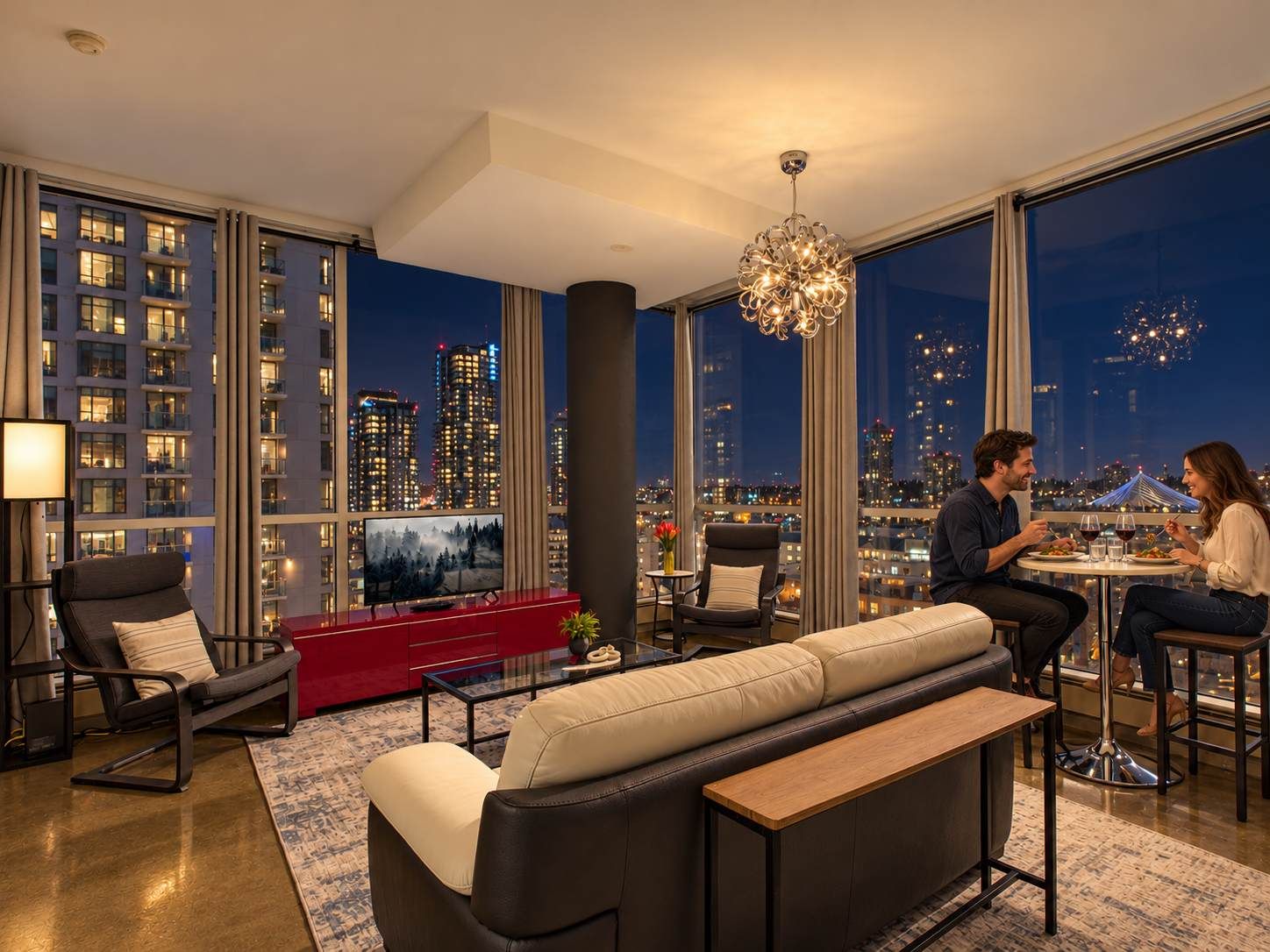 A modern living room with a sofa, chairs, a TV, and a city view.