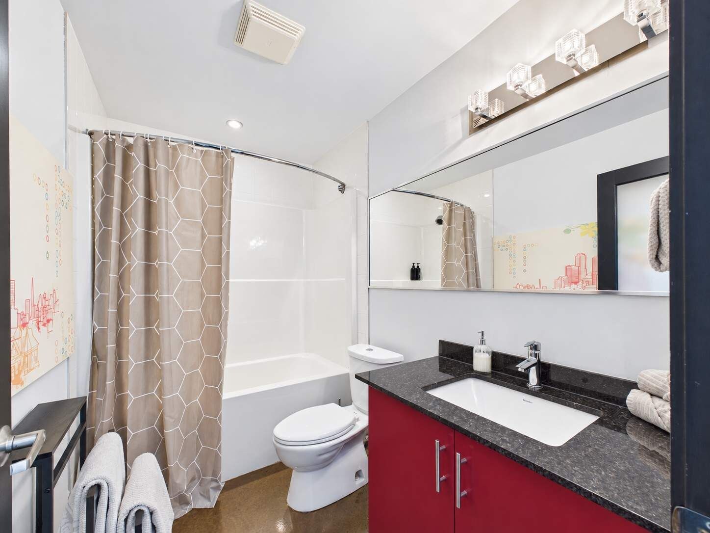 A refreshing shower or a slower soak? The full bathroom leaves that part of the day up to you.