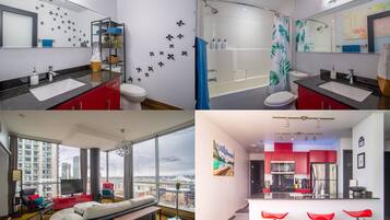 Shower, eco-friendly toiletries, hair dryer, towels