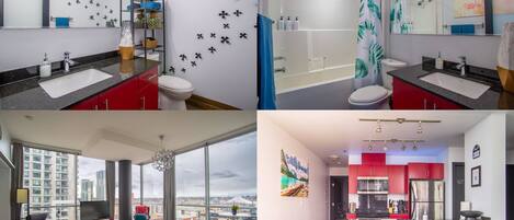 Shower, eco-friendly toiletries, hair dryer, towels