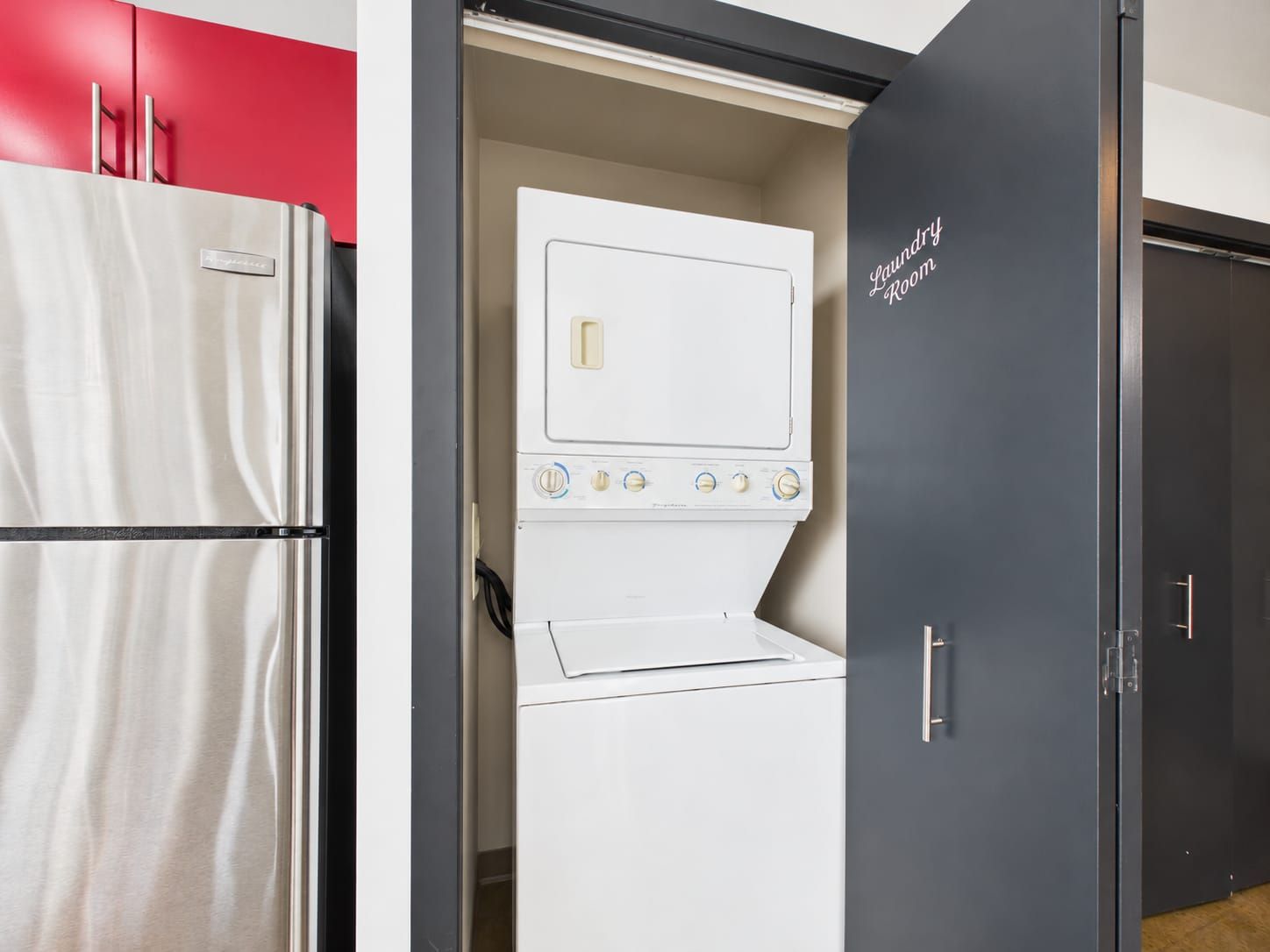 Freshen up your favourites before heading out again. The stacked washer and dryer are right inside the suite.