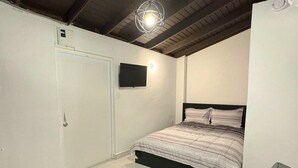 Una camera da letto con un letto, una televisione, un armadio e una lampada a soffitto.