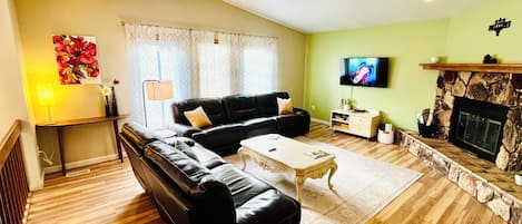 Smart TV, fireplace, DVD player, books