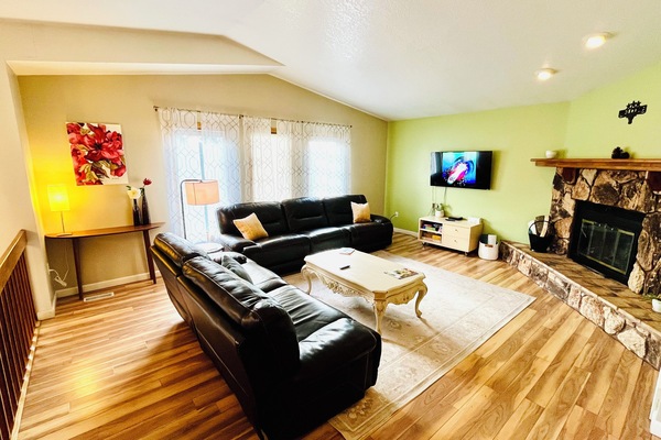 TV connectée, cheminée, lecteur de DVD, livres