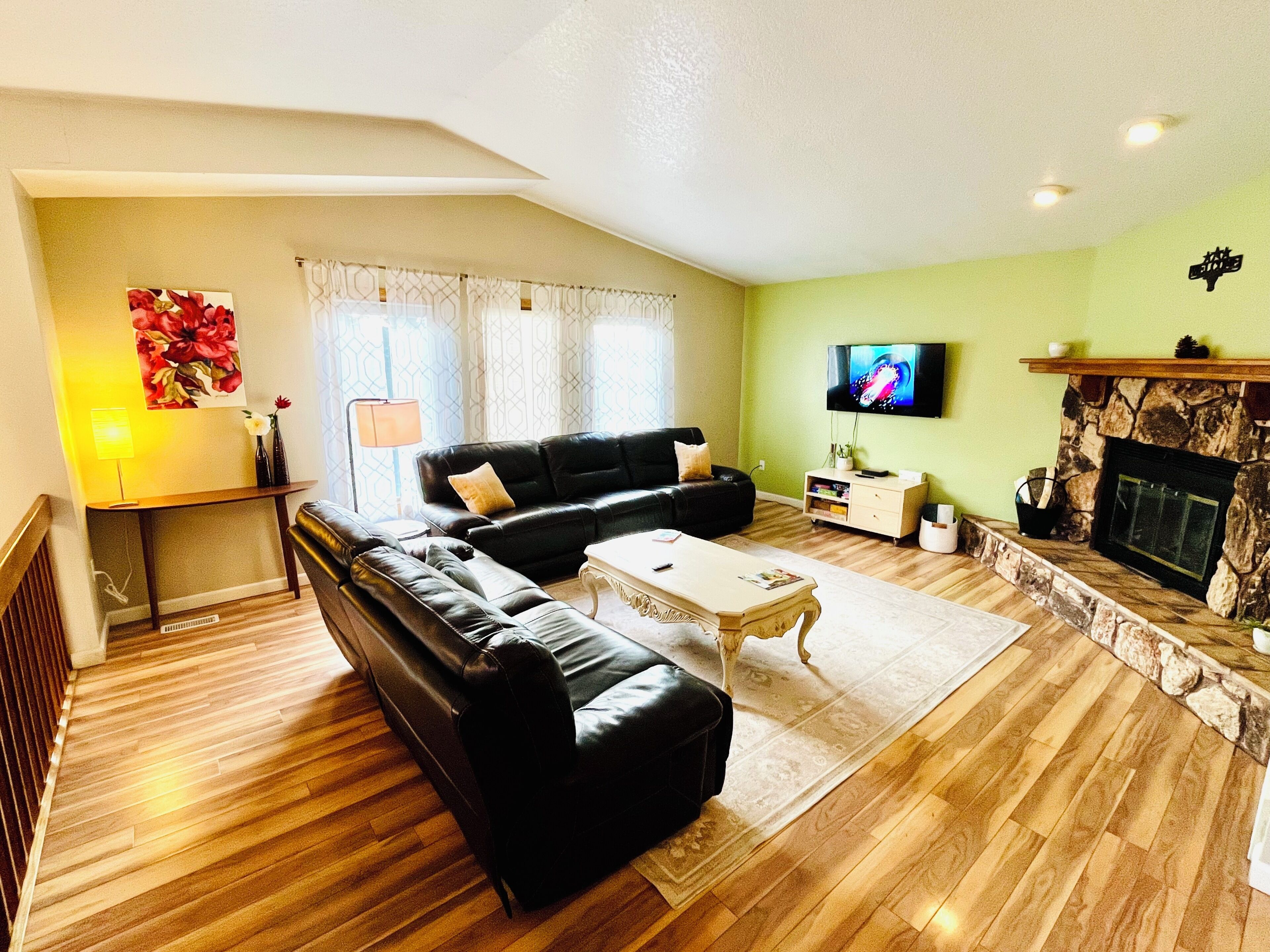 Smart TV, fireplace, DVD player, books