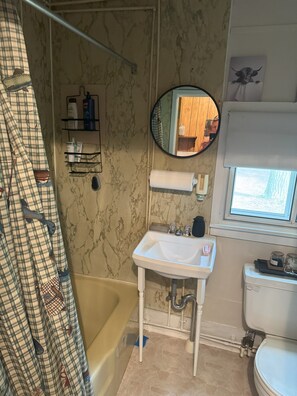A bathroom with a bathtub, a sink, a toilet, a mirror, and a window. - Soothing house with AC just north of Williamsport - 2 bedrooms (Trout Run)