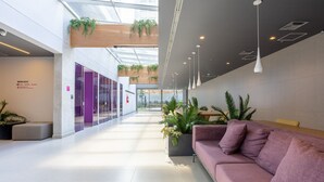 A modern lobby with a purple sofa, potted plants, and a glass ceiling.