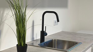 A modern kitchen with a stainless steel sink, black faucet, and a potted plant. - Central vacation home, near Legoland and city center, with river view - For families (Günzburg)