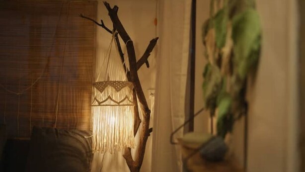 Una habitación con una lámpara colgante, una planta y una ventana con persianas.